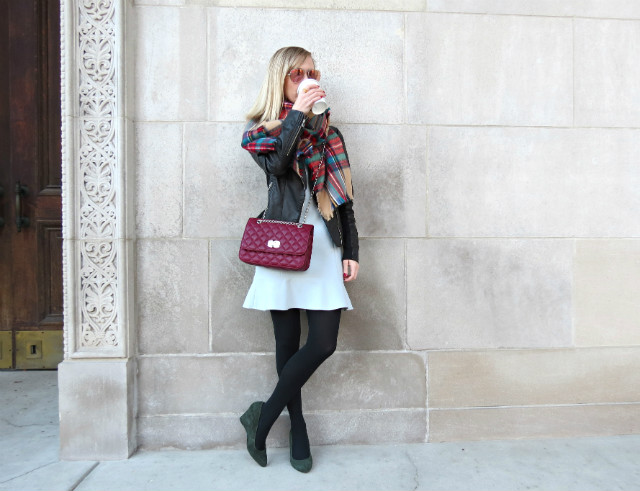 plaid blanket scarf, mint and olive, faux leather jacket