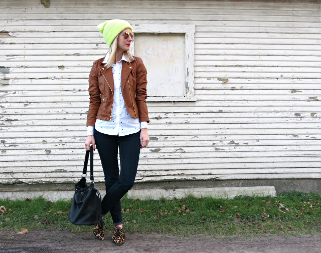 brown faux leather jacket, button up, neon beanie, leopard oxfords, casual work outfit