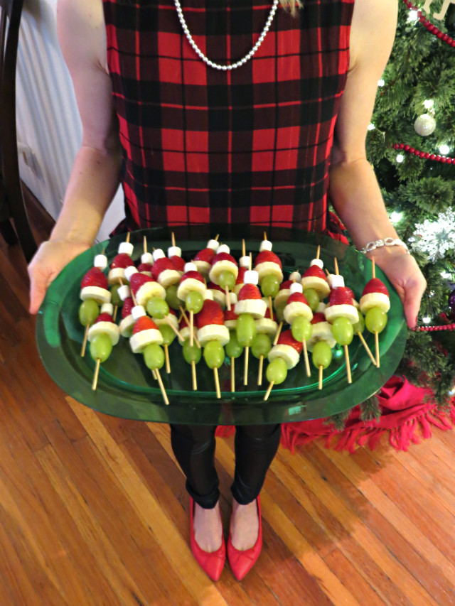Christmas party snacks, Christmas party outfit, Grinch kabobs, mini cheese balls