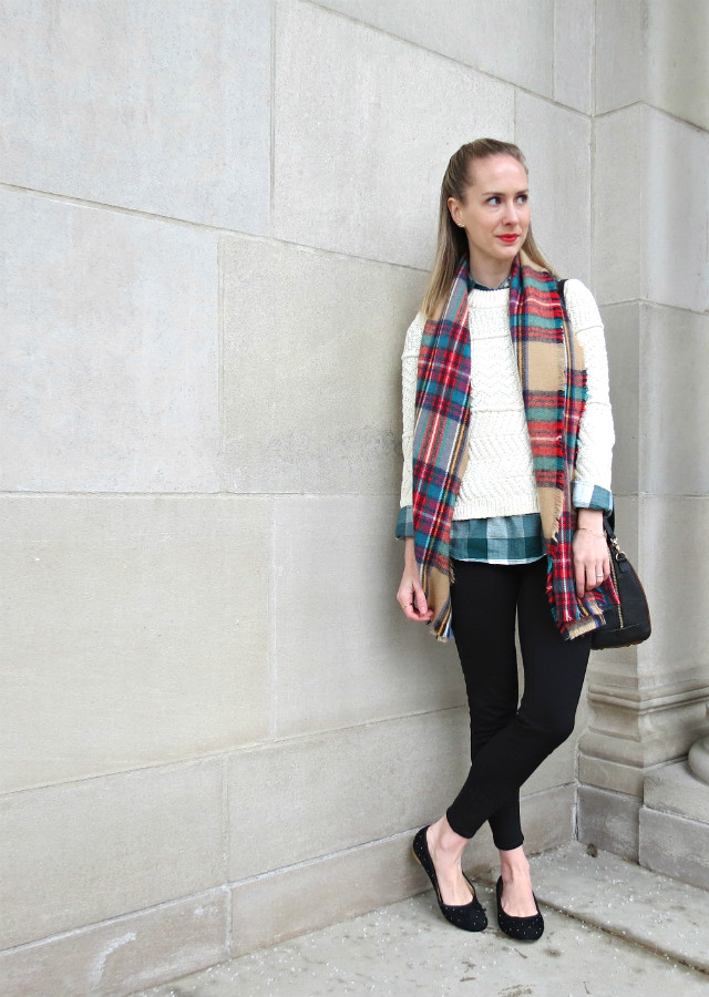 mixing plaids, layering sweater over button up shirt