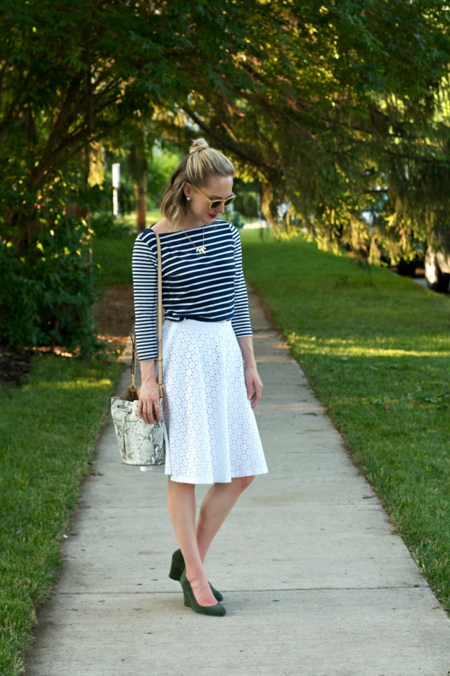 eyelet skirt, Target striped boatneck tee, wedges, half-up bun hairstyle