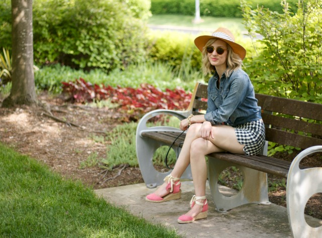 chambray, gingham, straw hat, pink tassel wedges