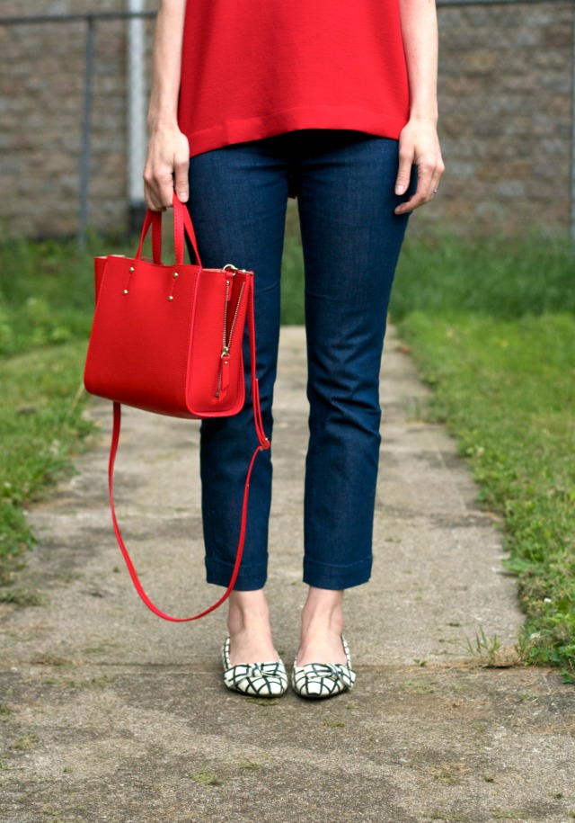 Madewell red orange tee, kick crop trouser jeans, matching bag, windowpane bow flats Kate Spade