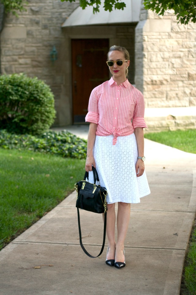 knotted pink stripe button-up shirt, white eyelet flare skirt, Skagen ditte watch, cap toe pumps