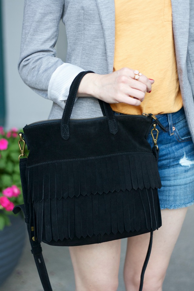 jean shorts, tee, blazer, bow flats, suede fringe transport tote