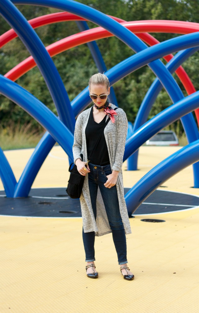 duster, neck scarf, casual outfit