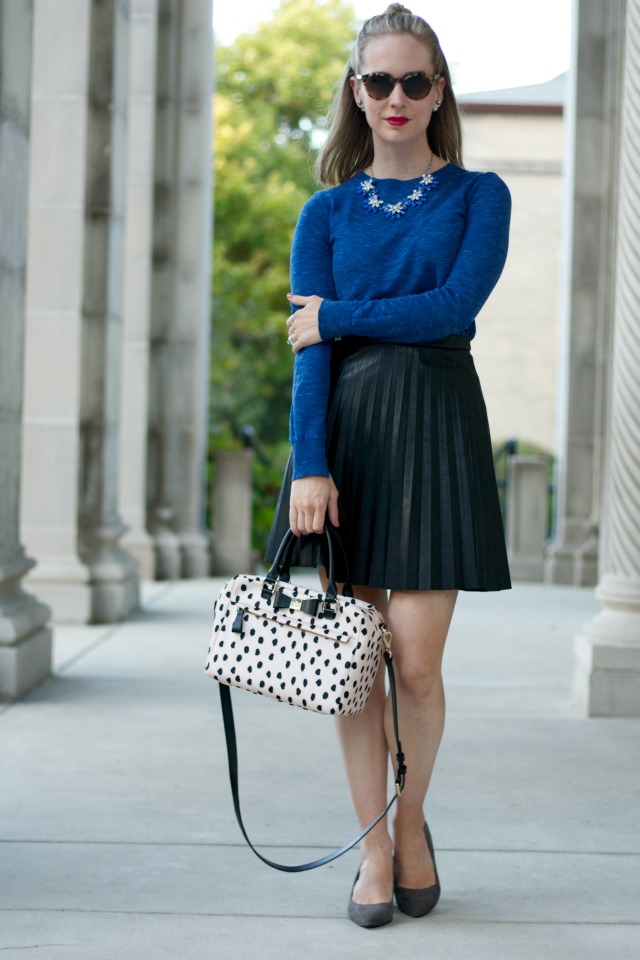 leather skirt, sweater, gray suede pumps, polka dot bag
