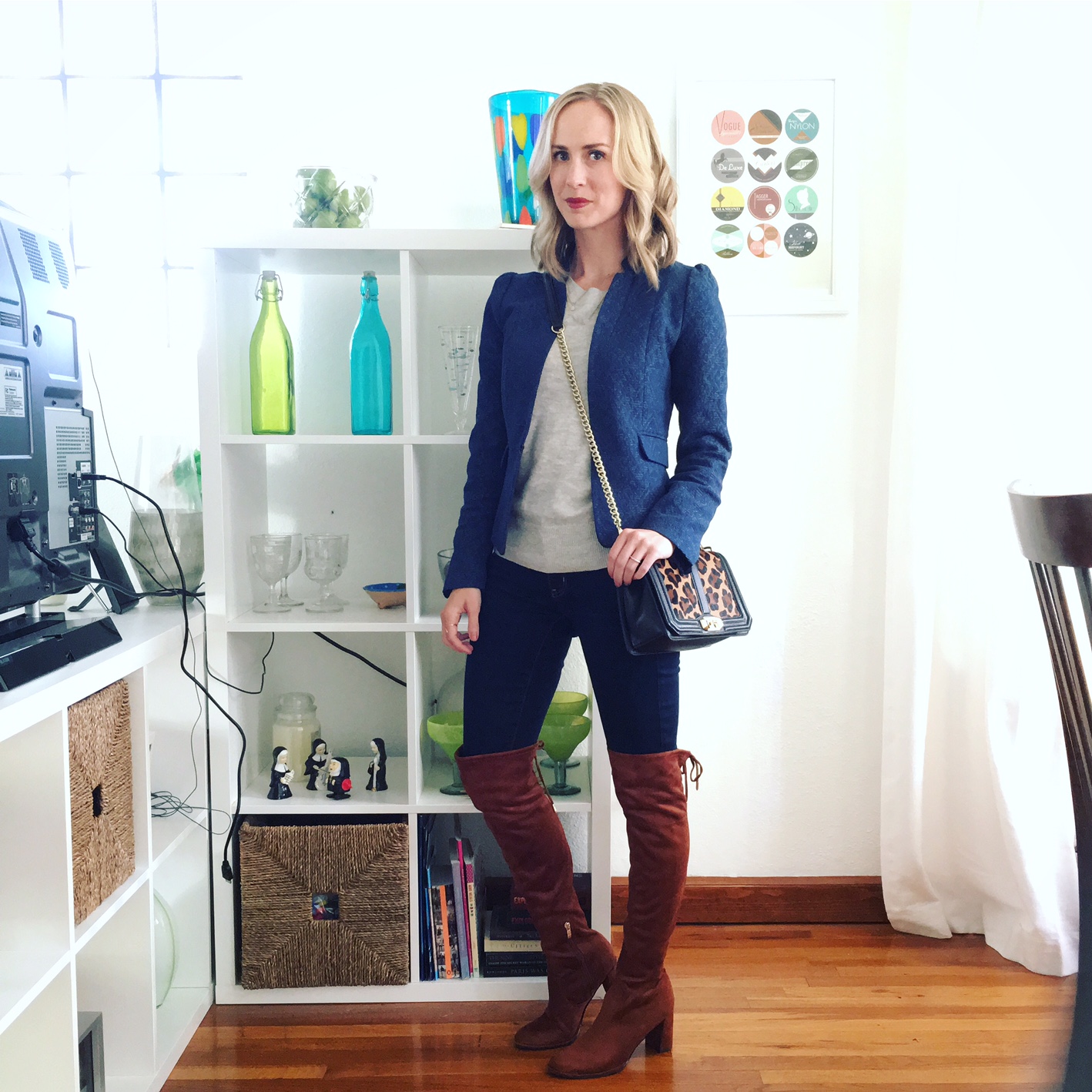 over the knee boots, sweater, blazer