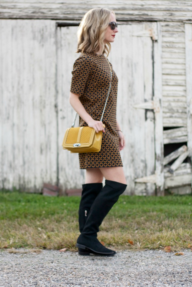 print shift dress, over the knee boots, yellow suede Rebecca Minkoff Love bag
