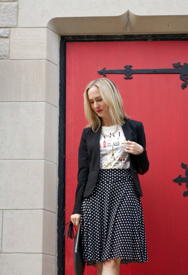 graphic tee, skirt, blazer, yellow suede bow pumps