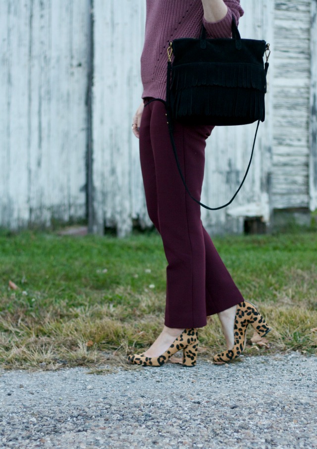 mauve sweater, Ann Taylor ankle pants, haircalf leopard pumps, fringe transport tote
