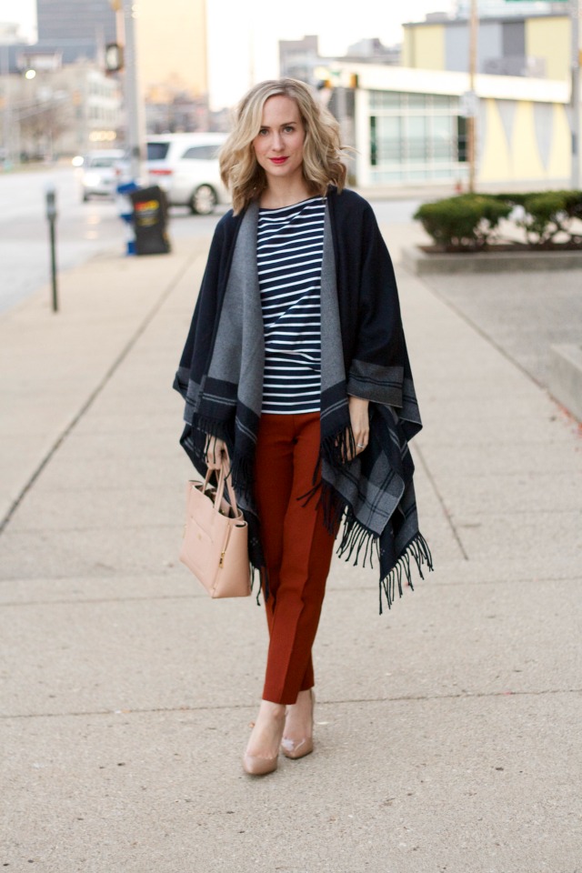 poncho, striped tee, ankle pants