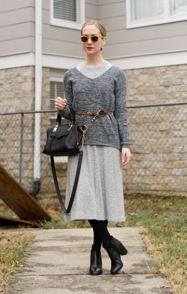 belted sweater over midi dress, ankle boots
