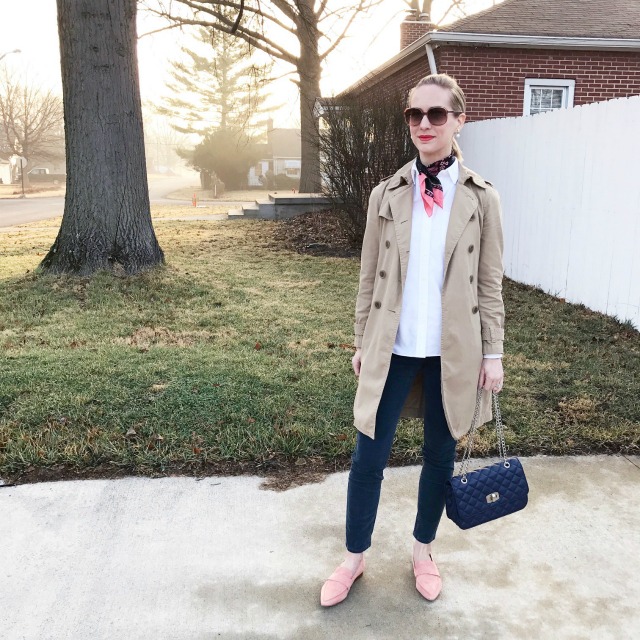 silk neck scarf, trench coat, suede loafers