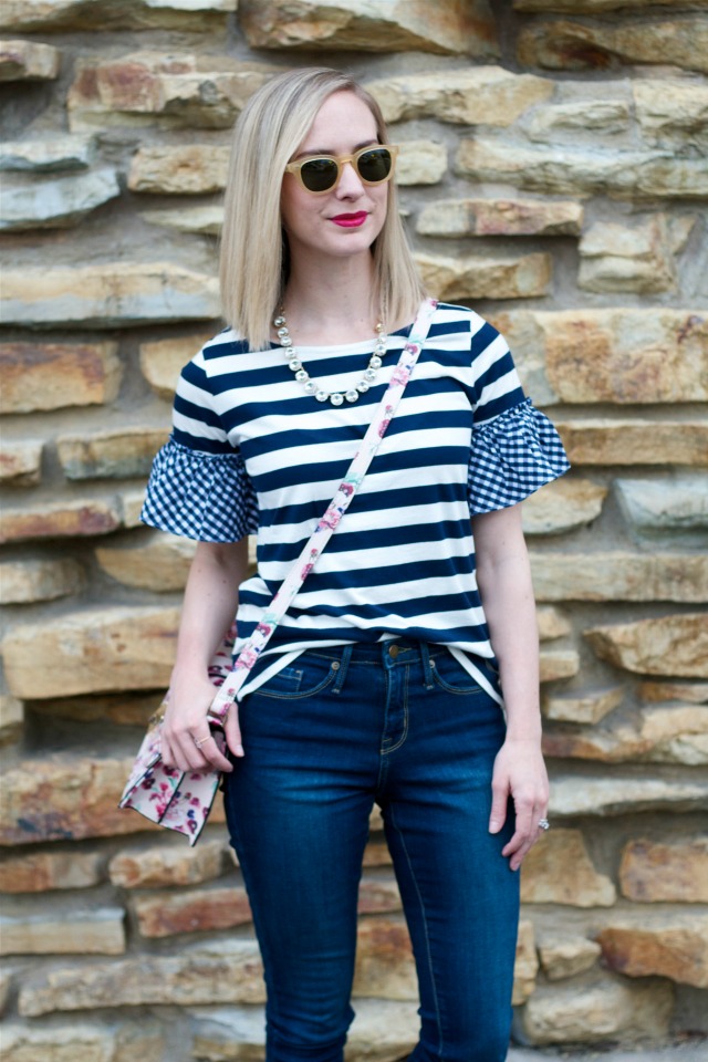 stripes and gingham, skinny jeans, pink suede pumps, Target purse