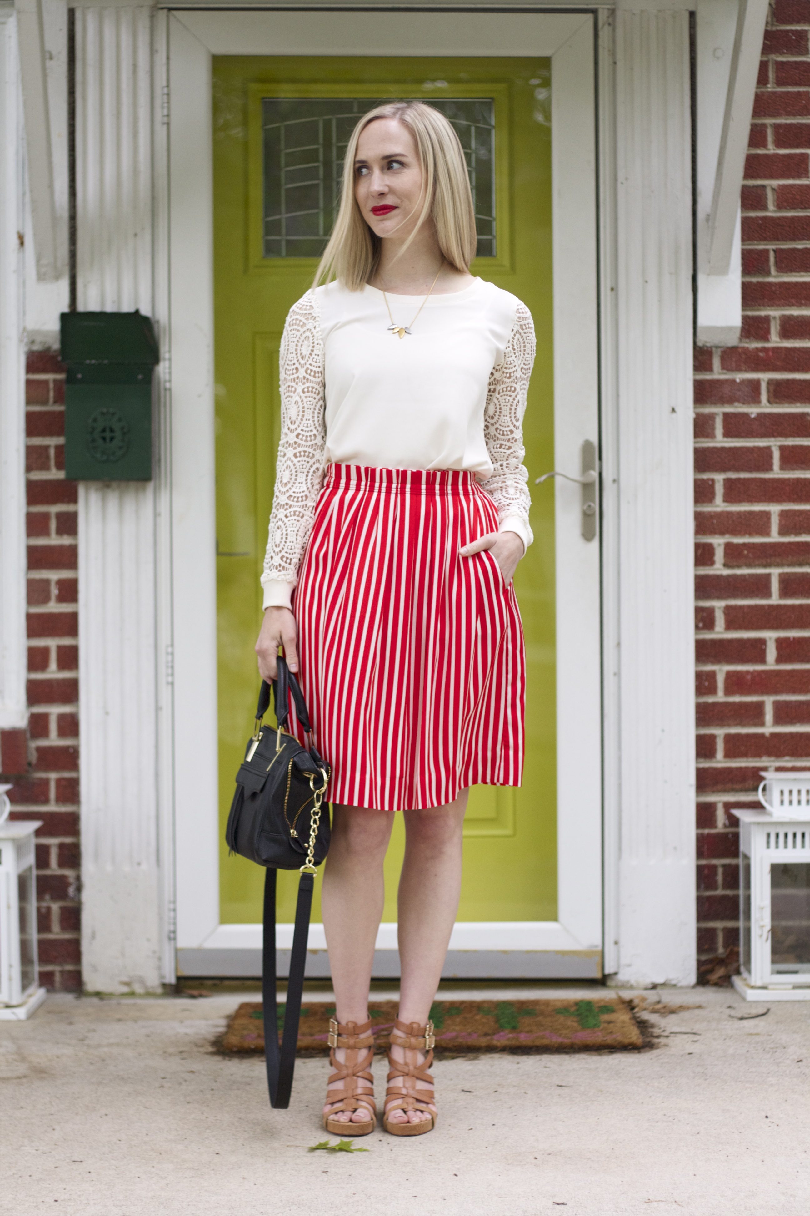 j.crew striped skirt, tan wedges outfit