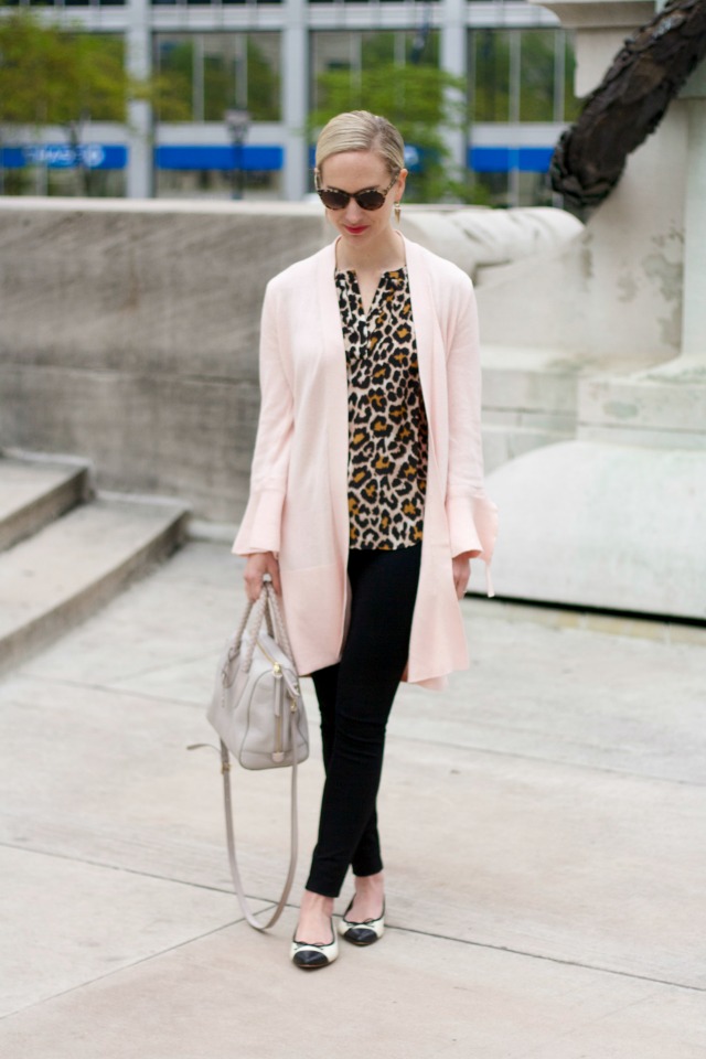 leopard top, flare sleeve cardigan, skinny black pants, cap toe Gemma flats