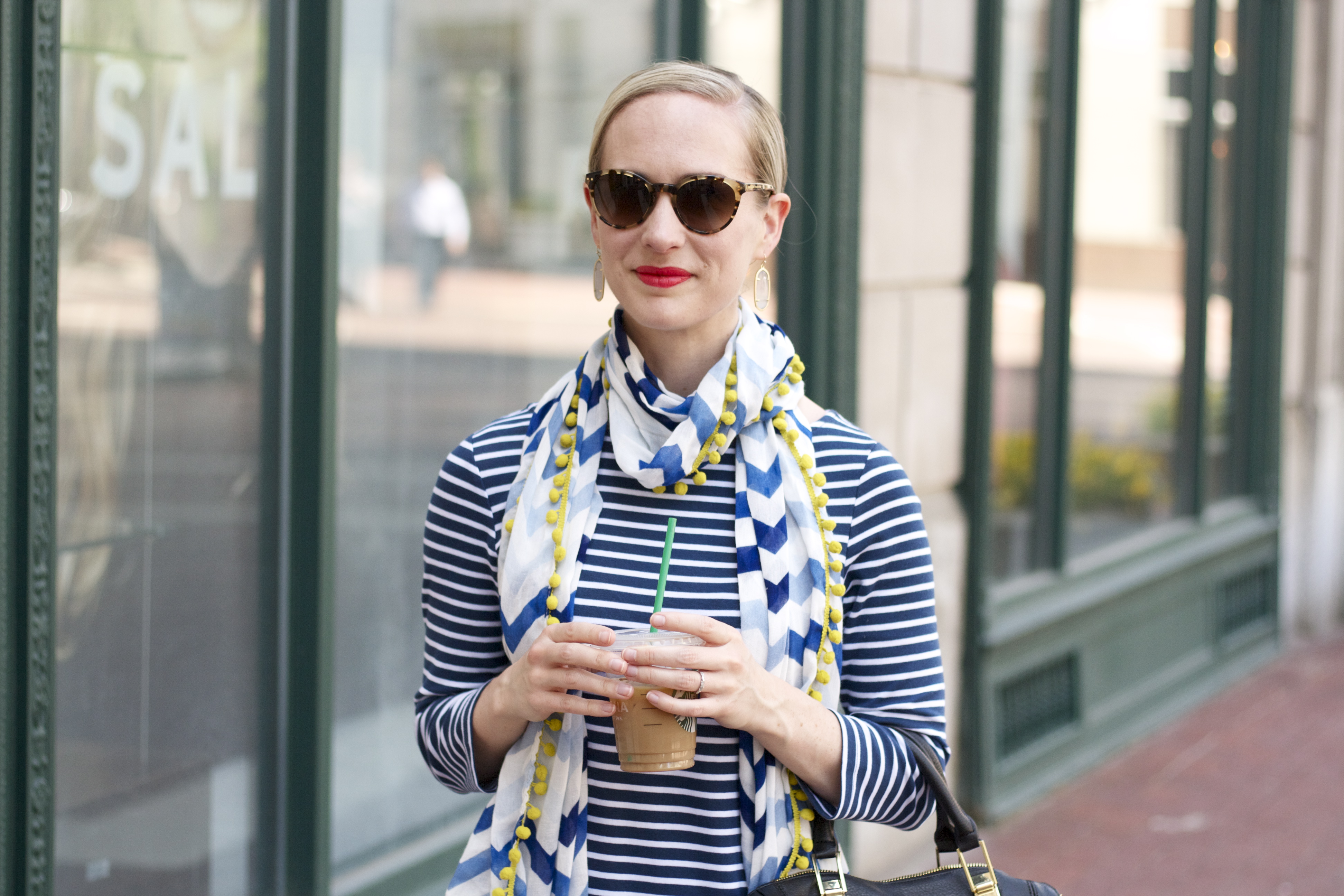 striped t-shirt dress, chevron spring scarf, blue suede flats