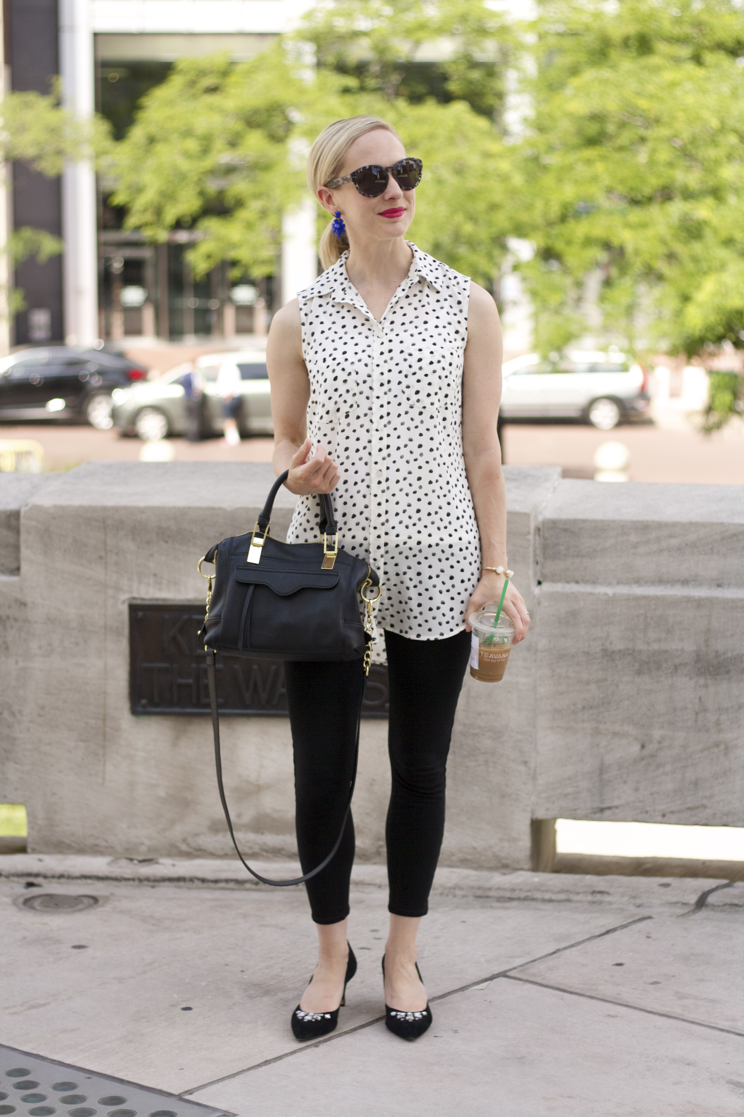 black and white outfit, polka dots, ponte pants outfit, statement earrings