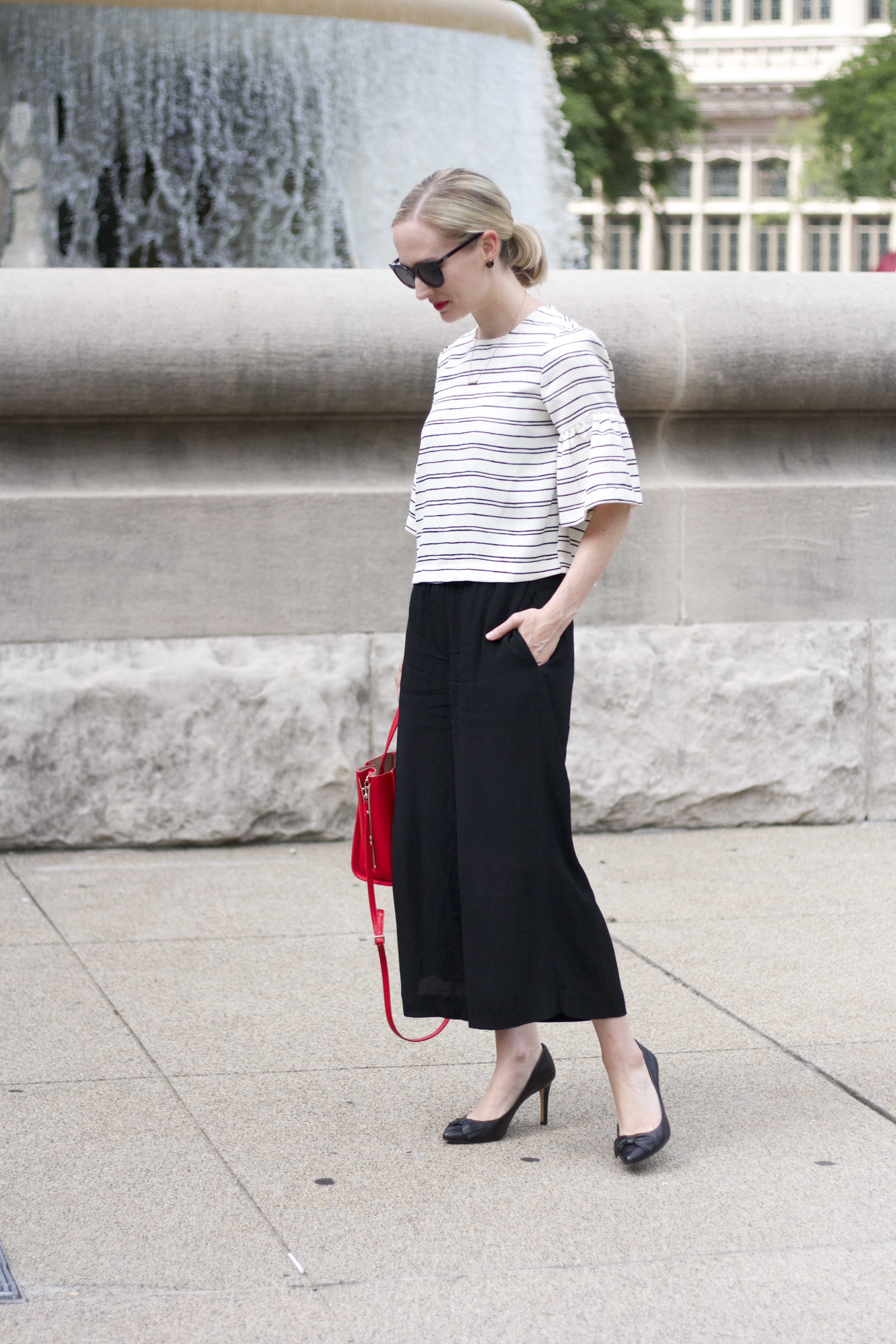 flared sleeve crop top, culottes, Cole Haan sunglasses