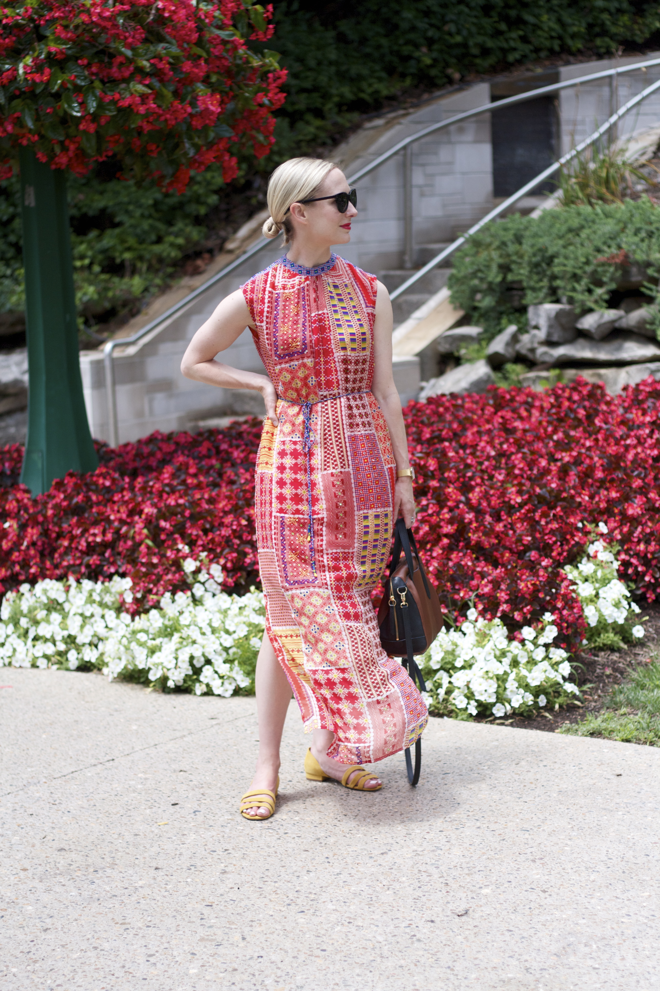 anthropologie maxi dress, silky maxi dress outfit, Madewell suede sandals, Cole Haan sunglasses