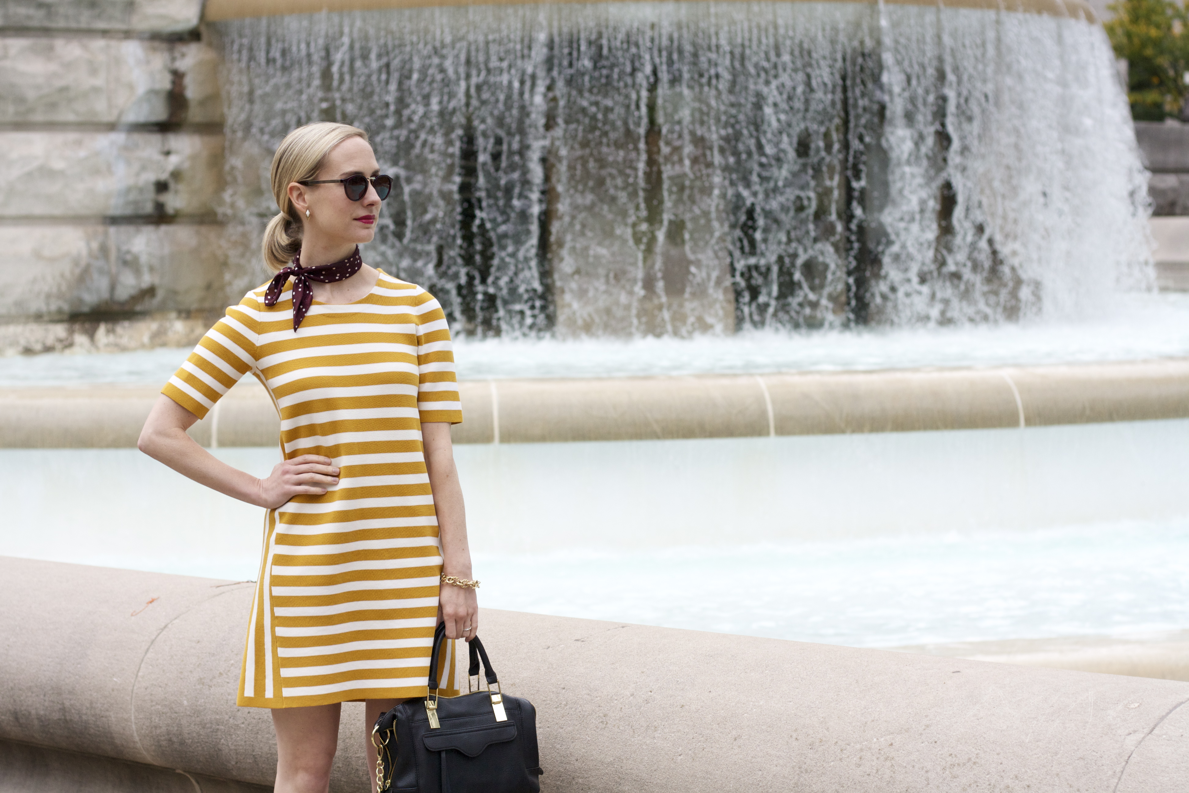 yellow stripe dress, polka dot neck scarf, burgundy and yellow, mixed prints