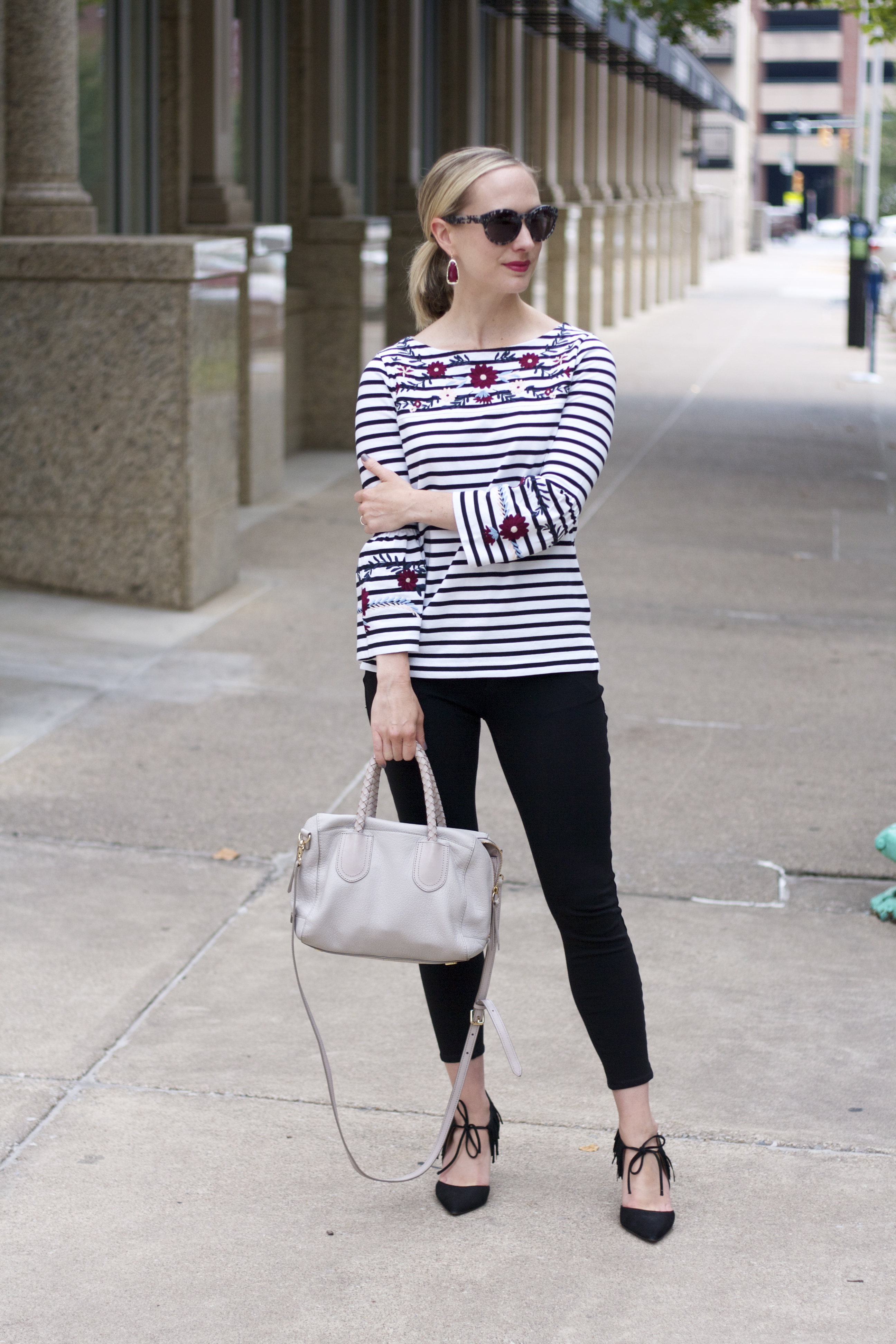 striped embroidered bell sleeeve top, ponte pants, fringe pumps, kendra scott fall collection, embroidery trend