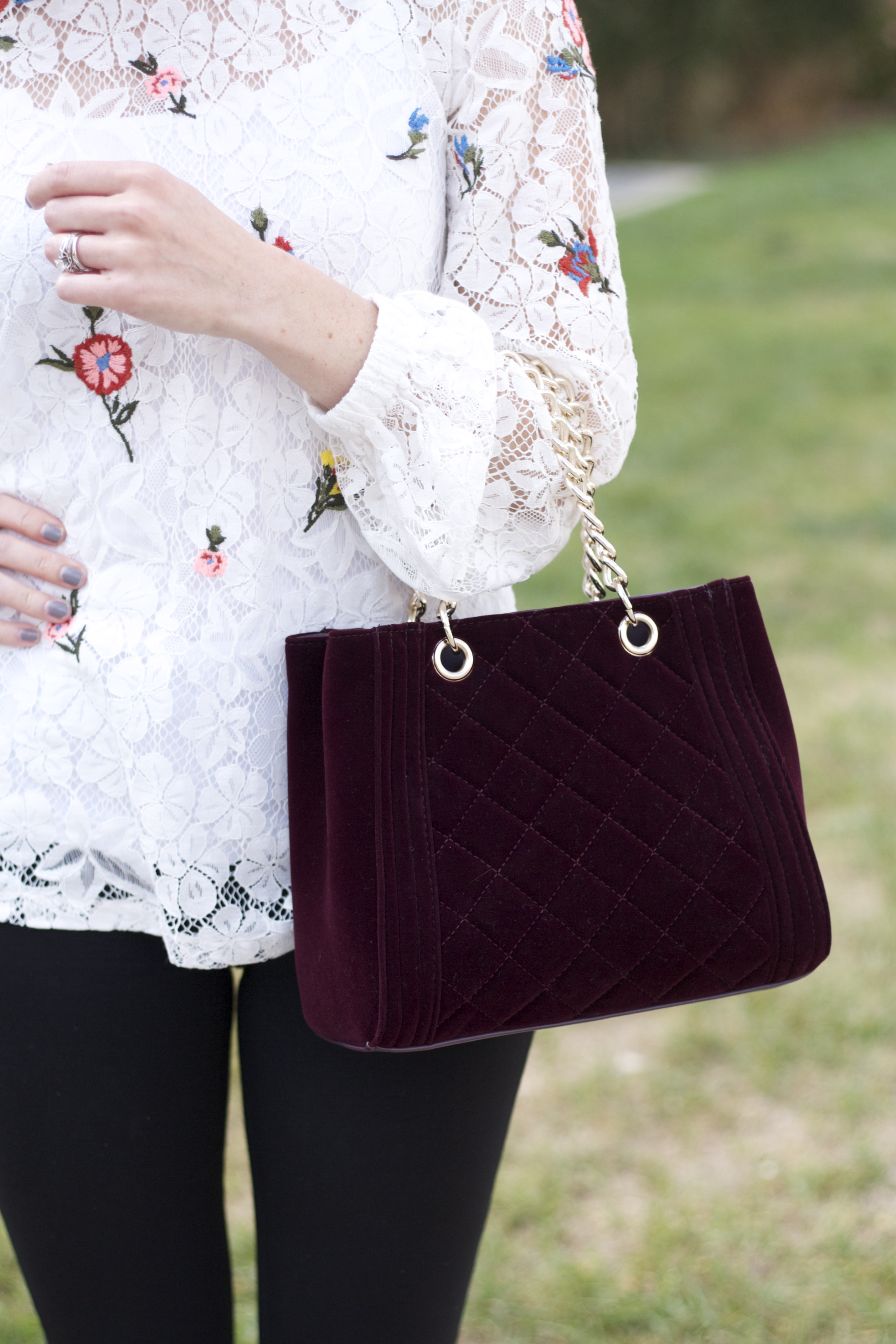embroidered lace top, velvet handbag, ponte pants