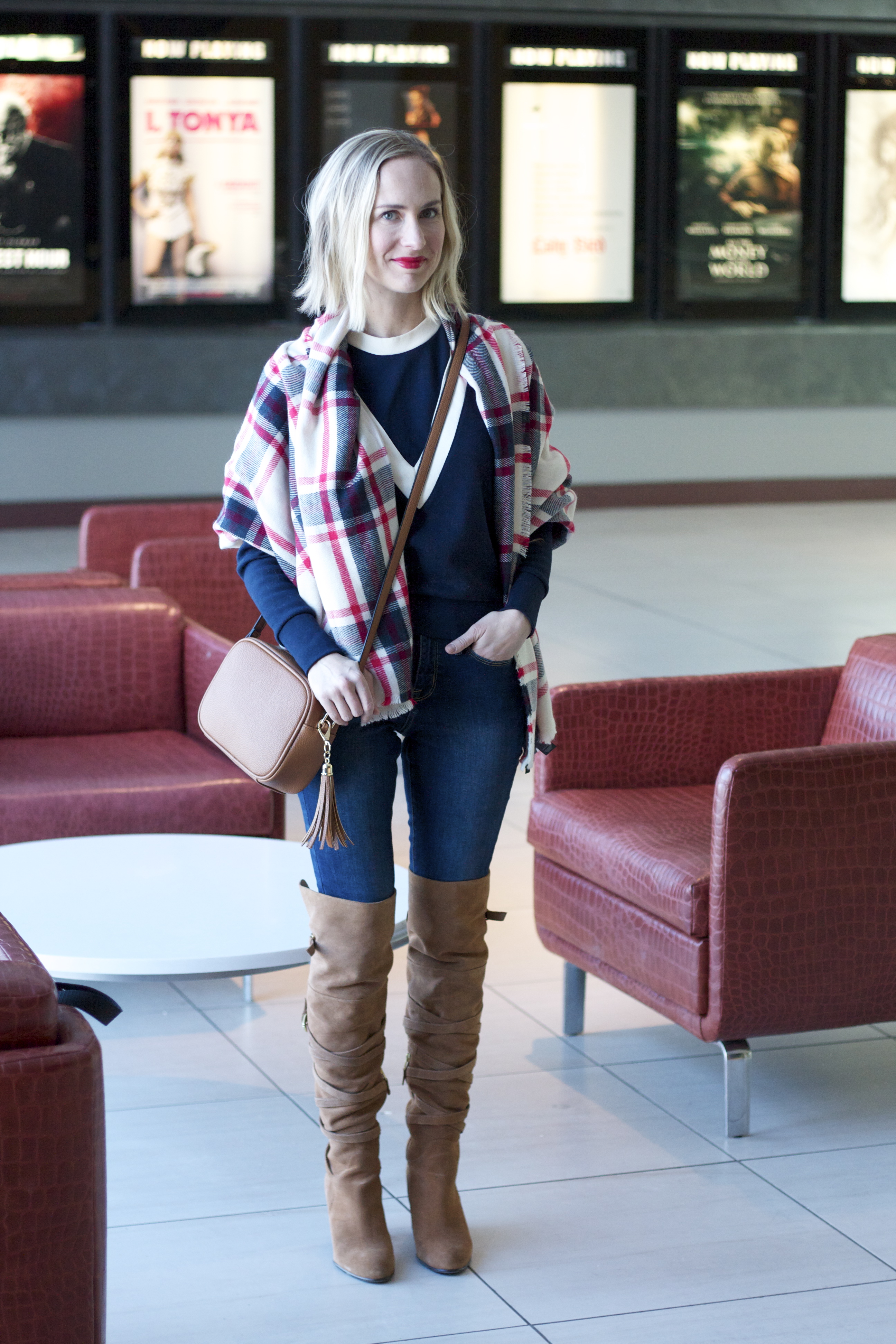 over the knee boots, tan crossbody bag, blanket scarf