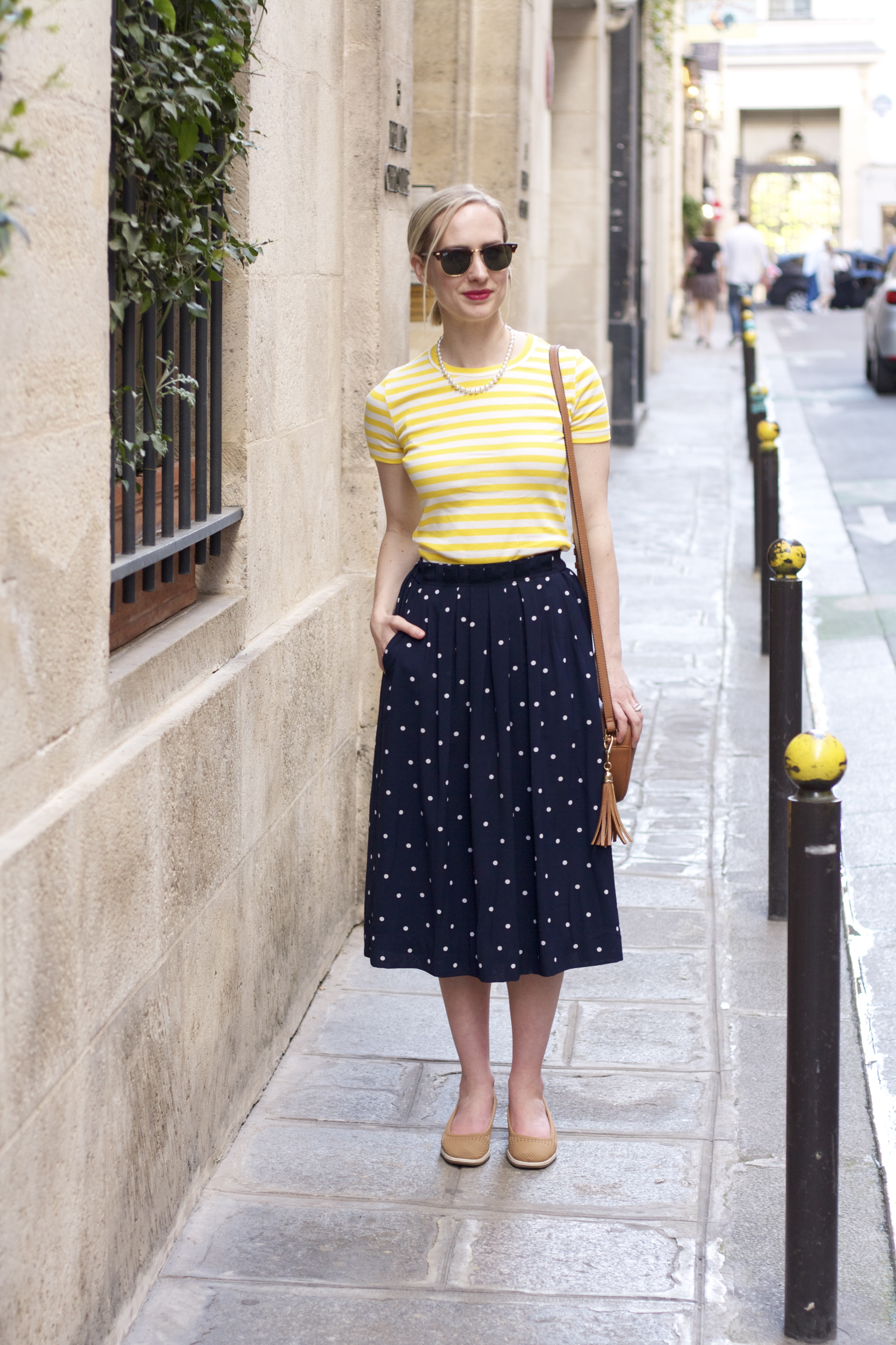 parisian style, print mixing, midi skirt, striped tee outfit, ray ban clubmasters
