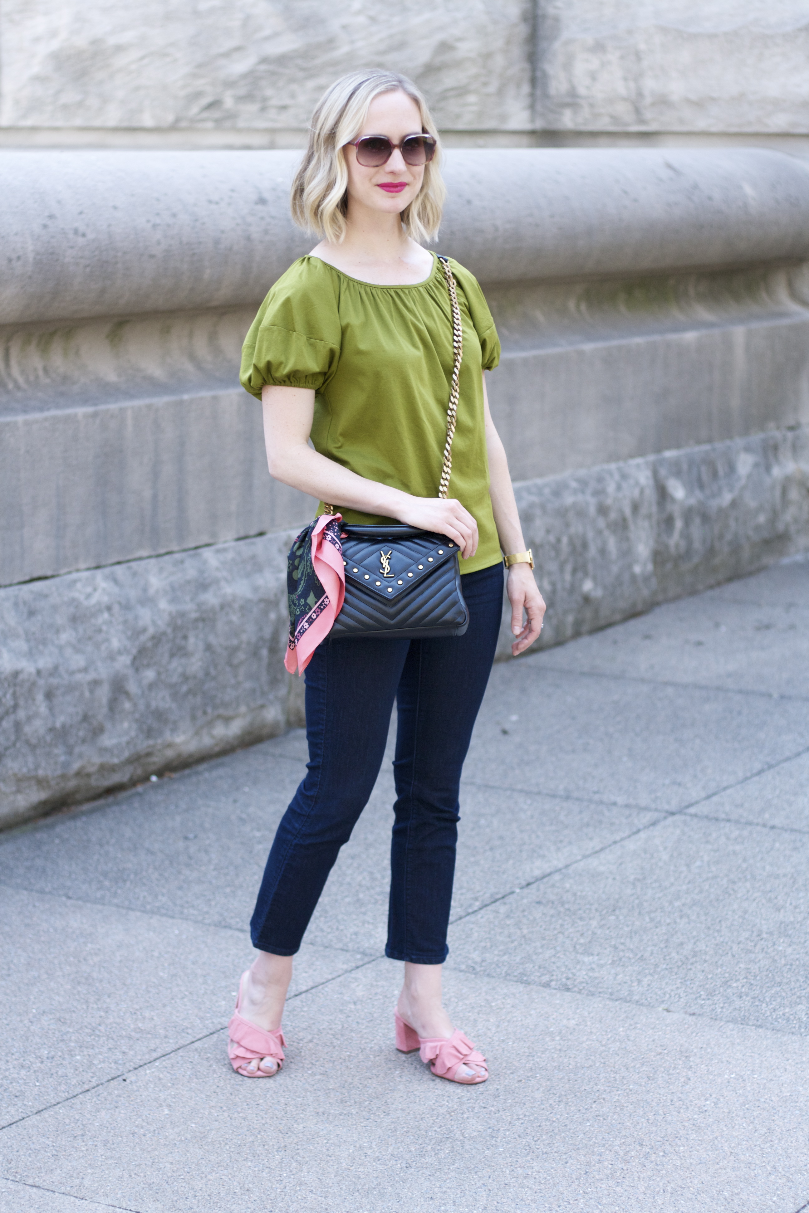 scarf on bag, puff sleeve top, ruffle mules, kick crop jeans