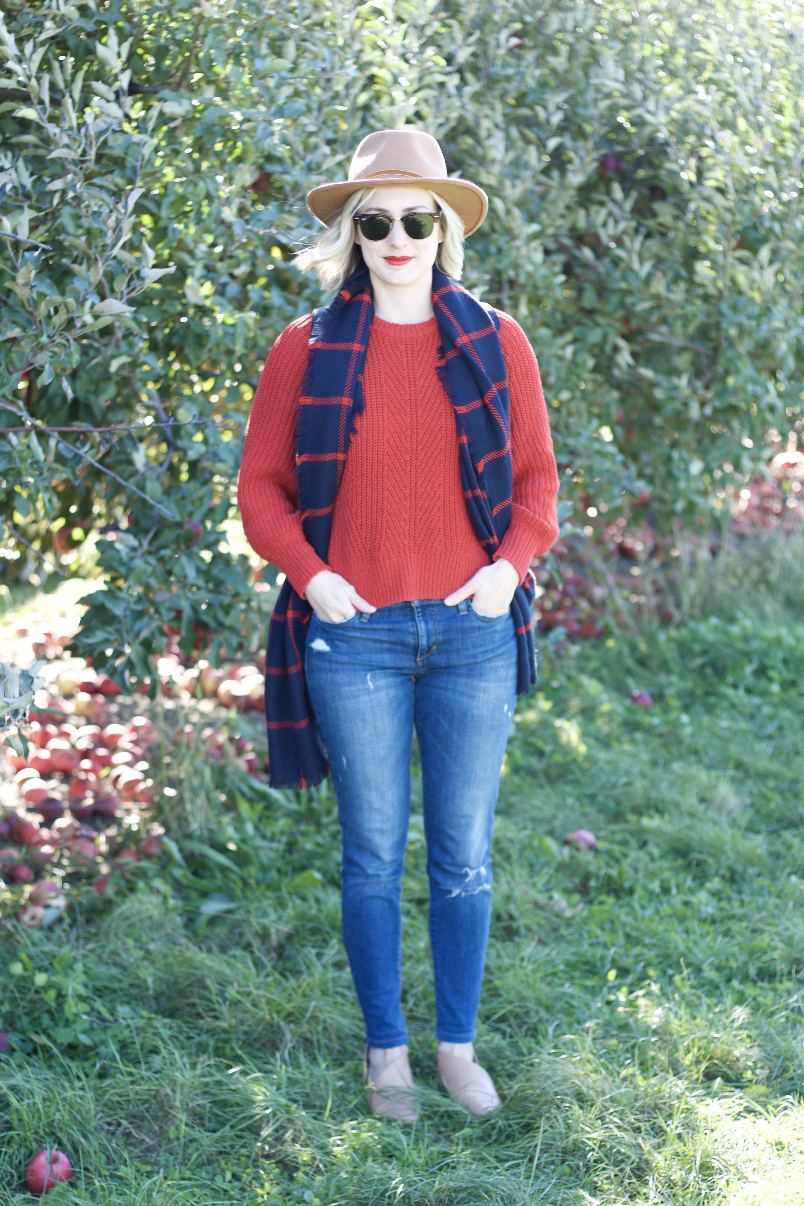 Madewell sweater, tan felt hat, plaid blanket scarf, apple picking outfit, shooties, mini backpack