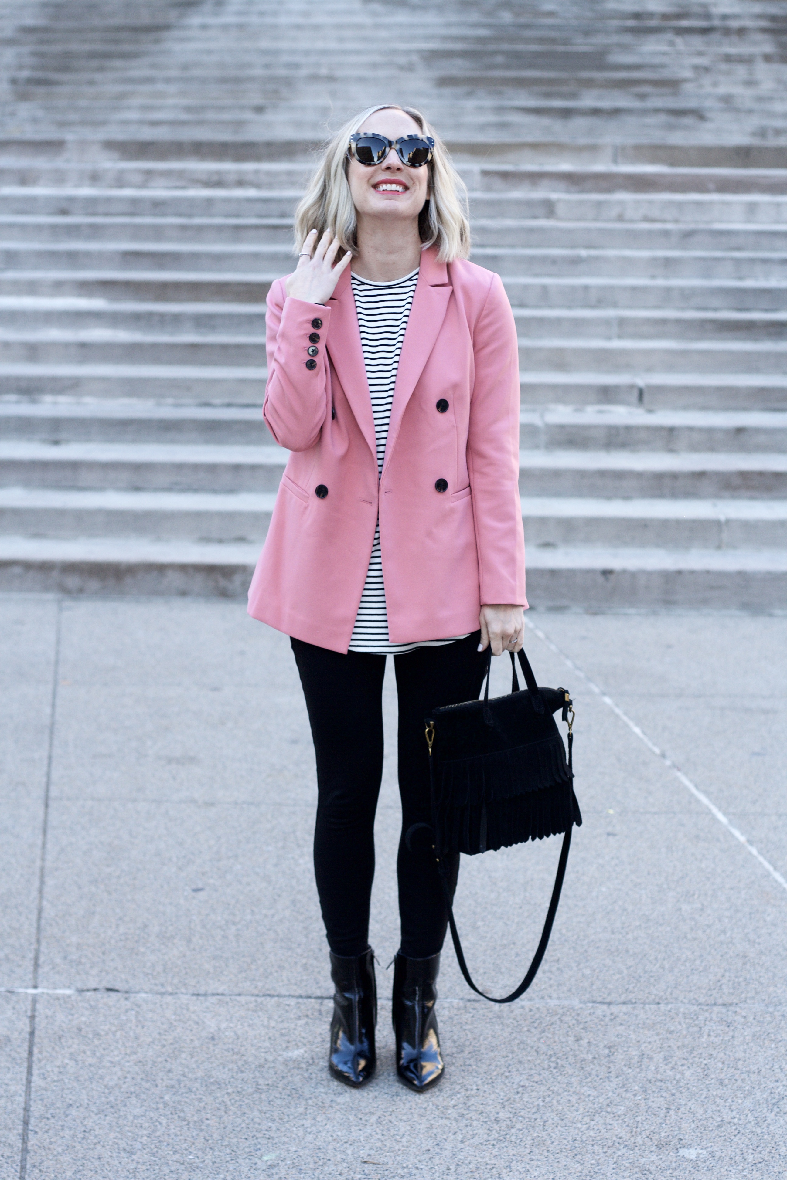 pink oversized blazer, stripe tunic tee, ankle boots