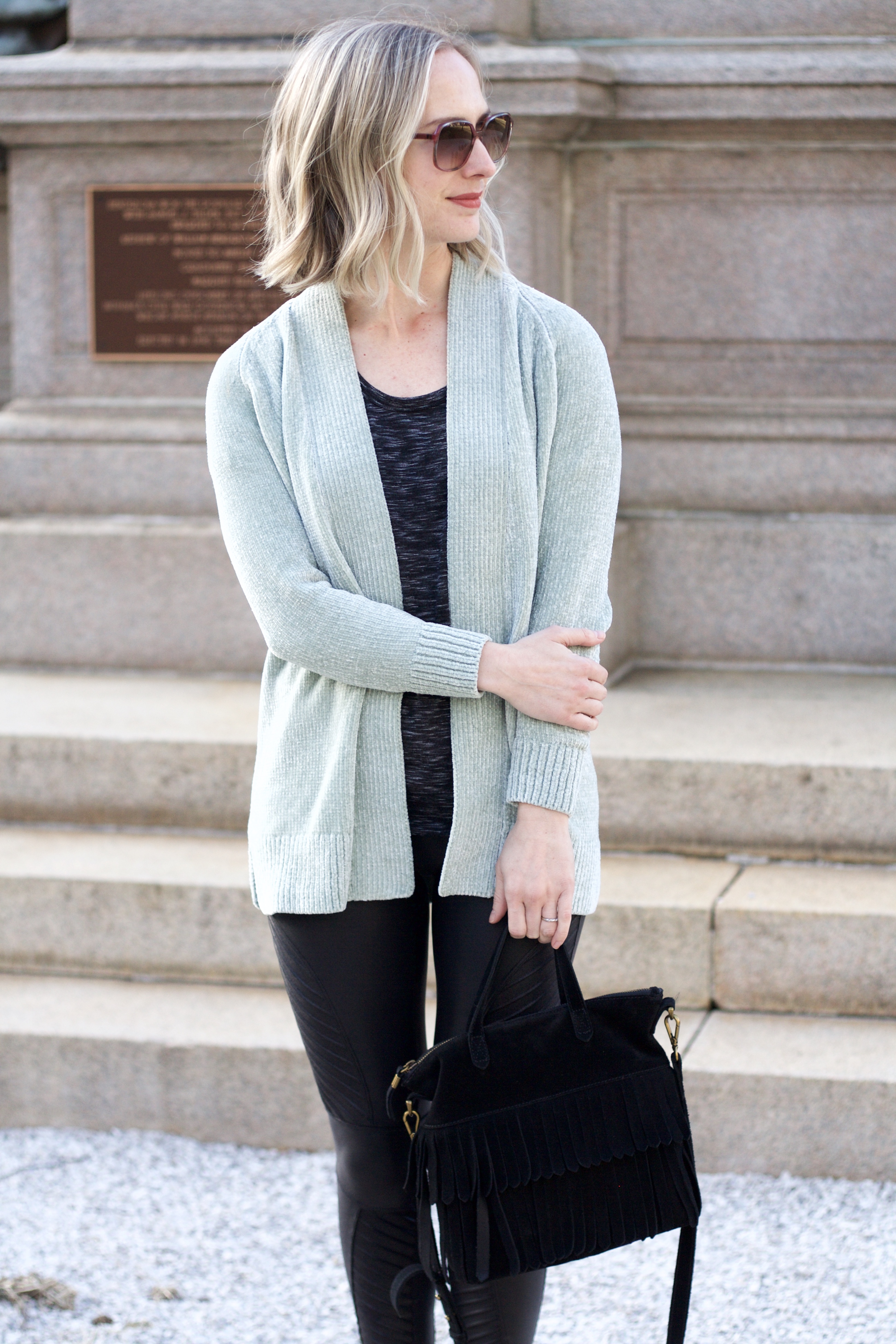 chenile cardigan, spanx leather moto leggings, ankle booties