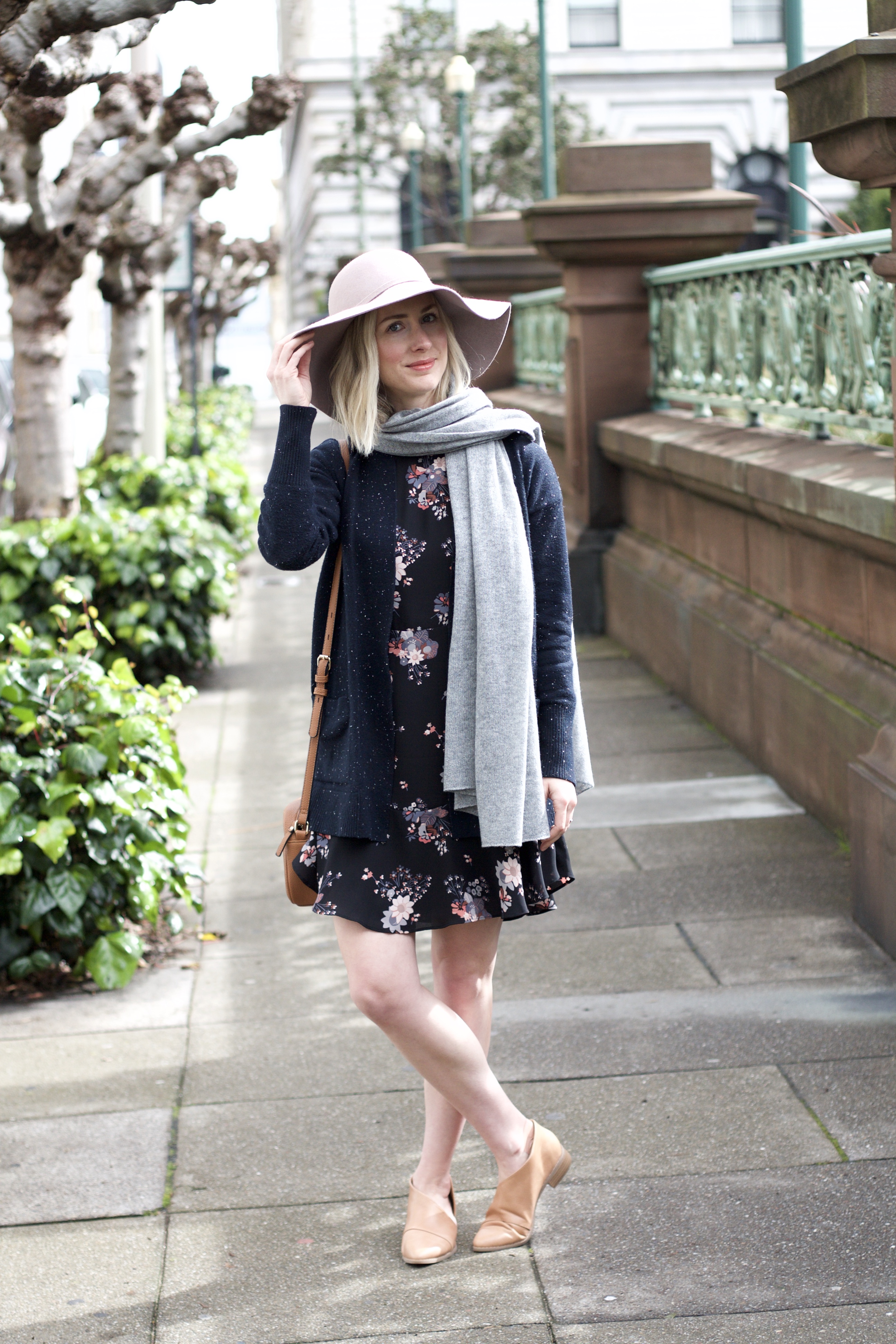 floral dress, long cardigan, cashmere scarf, shooties, floppy felt hat, Napa outfit