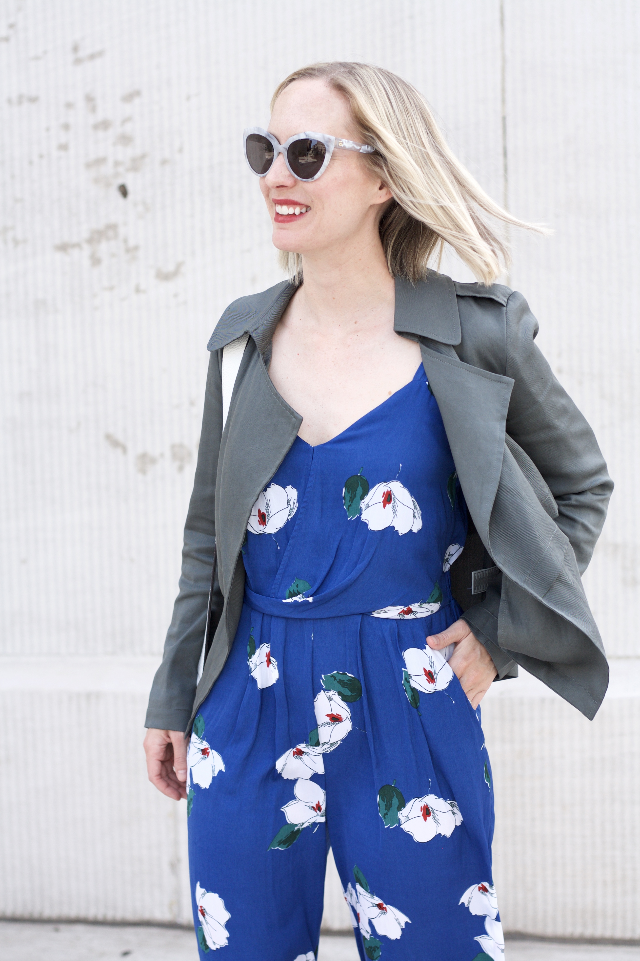 floral jumpsuit, cropped trench, early fall outfit