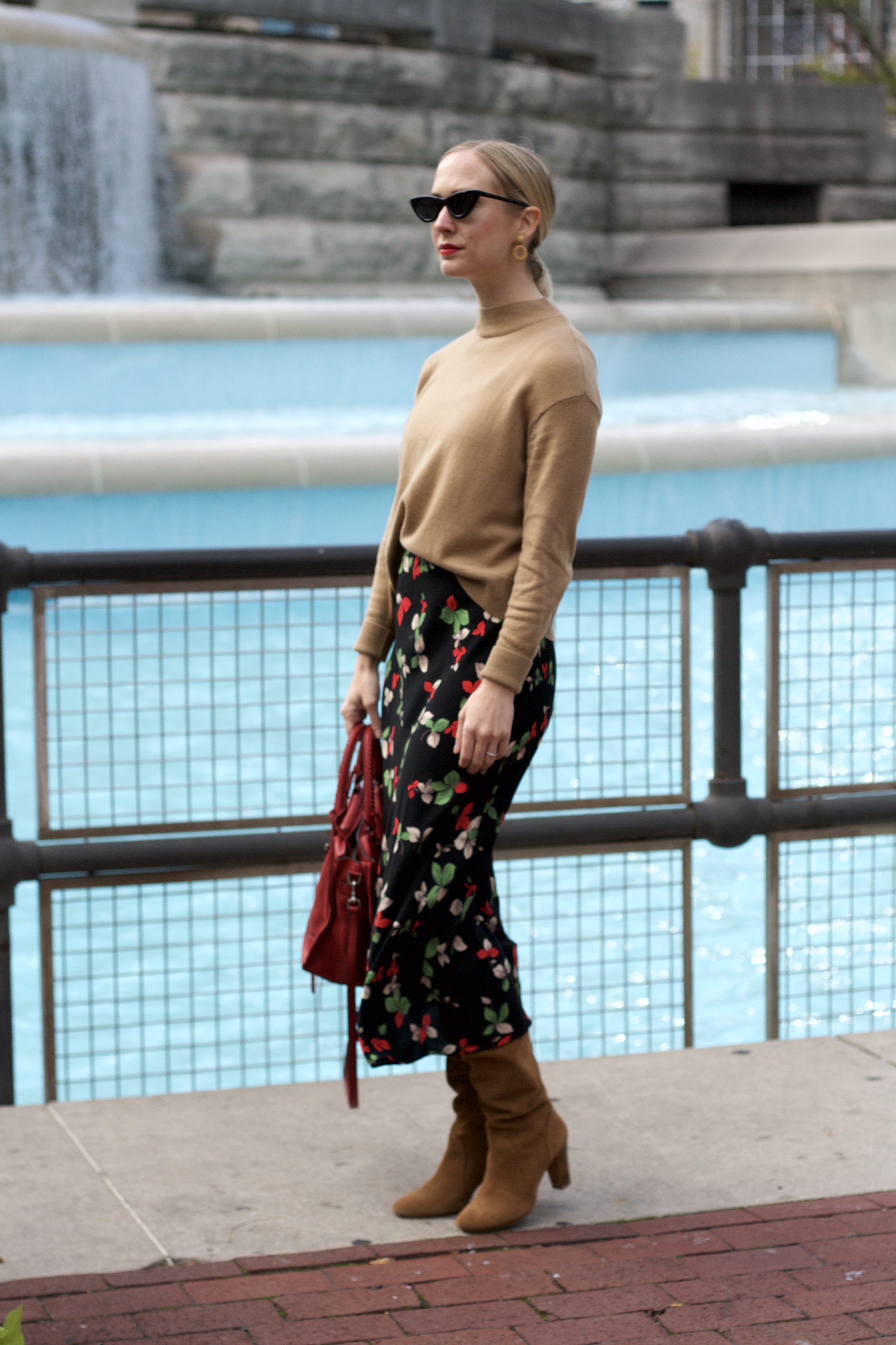 Everlane cashmere, midi skirt with tall boots, retro sunglasses, Le specs adam