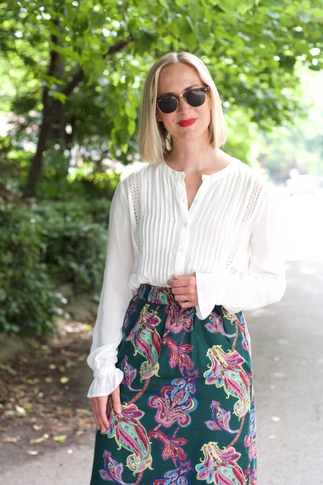thrifted outfit, Tibi skirt, peasant top, spring work look