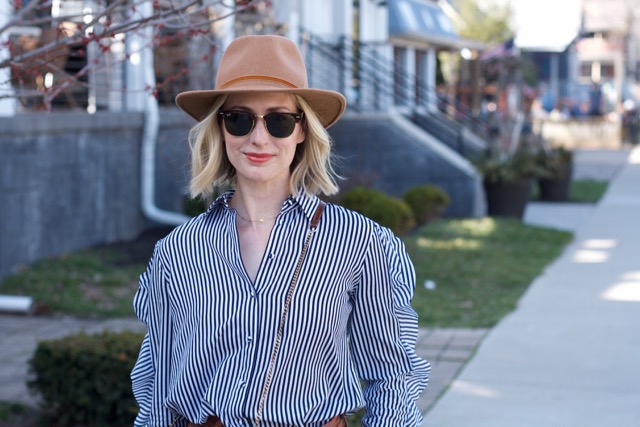 spring outfits, stripe button up, cropped pants outfit, rancher hat