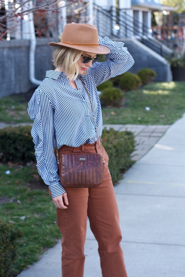 spring outfits, stripe button up, cropped pants outfit, rancher hat